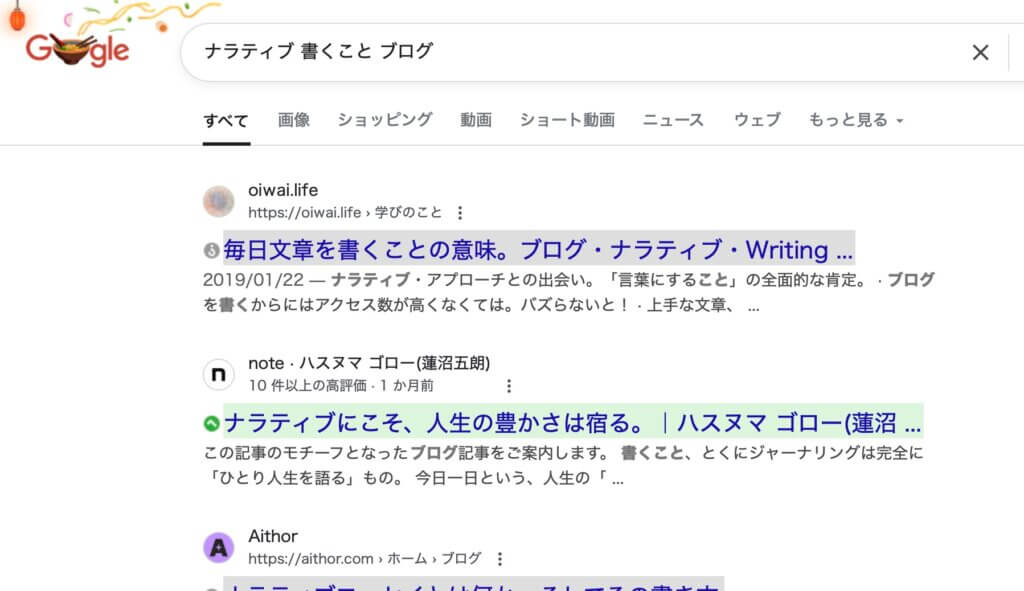 『ナラティブ 書くこと ブログ」で私(ハスヌマゴロー)のnoteが検索2位の快挙を達成。その証拠画像。