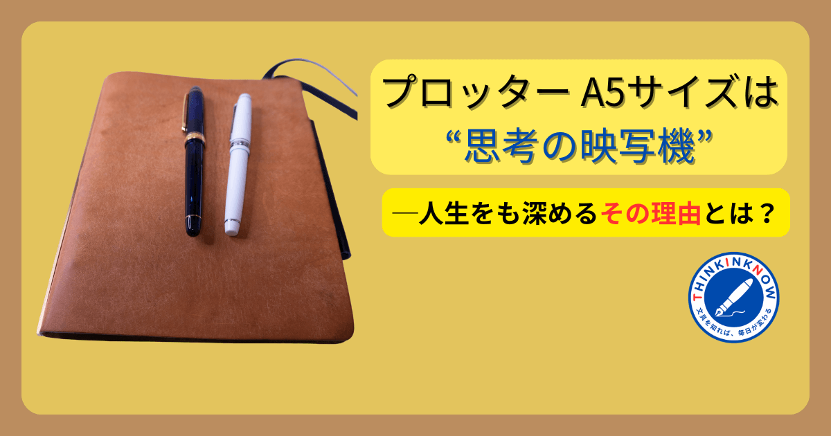 プロッター A5サイズのシステム手帳と2本の万年筆を用いたアイキャッチ画像。見出しに『プロッターA5サイズは思考の映写機―人生を深める理由とは？』と書かれたデザイン画像