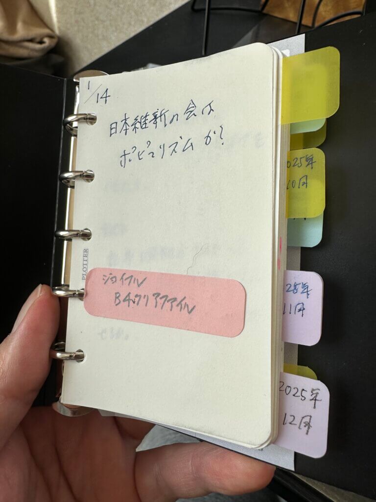 プロッターM5に1年間ストックしたアイデアメモのファイル。月ごとに分類されたリフィルの束
