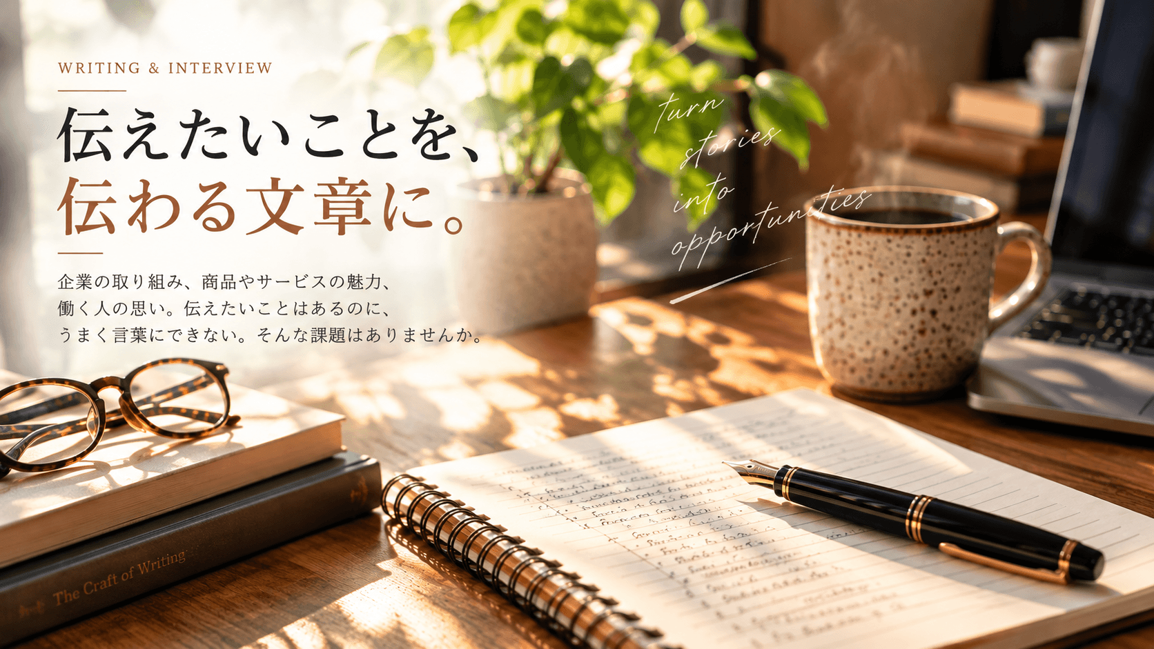 自然光が差し込むデスクに置かれた万年筆とノート。「伝えたいことを、伝わる文章に。」のコピーを添えた、THINK INK NOWの取材・執筆サービス案内画像。