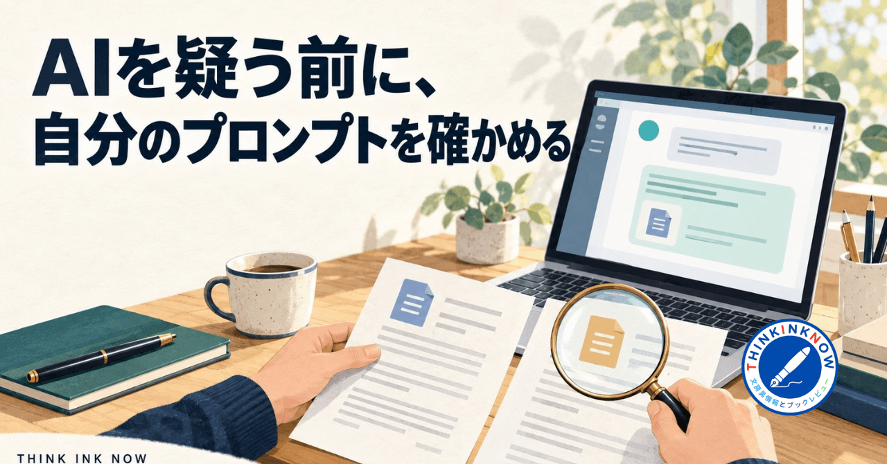 「AIを疑う前に、自分のプロンプトを確かめる」の文字と、AIの画面を開いたパソコンの前で二つの資料を虫眼鏡で見比べるイラスト。